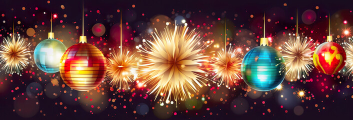 Festive border banner decorated with Christmas decorations. Merry Christmas banner or web design. Seasonal greeting card design. Generative AI.