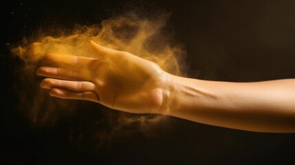 Fototapeta na wymiar Female arm with yellow dust cloud