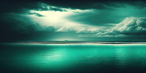 Obraz premium horizon and sky emerald green on a summer morning, clouds floating on the sea give a peaceful feeling, Abstract, Elegant and Modern AI-generated illustration