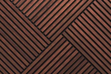 Deurstickers A wall of wooden slats in the color of dark wood with a pattern of wall panels in the background © buffalo