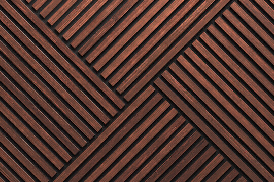 A wall of wooden slats in the color of dark wood with a pattern of wall panels in the background