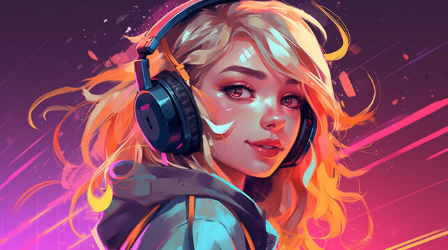 A teenage girl is using headphones. In a relaxed and happy mood enjoying the music. 2D falt cartoon style close-up illustration from head to shoulder level.