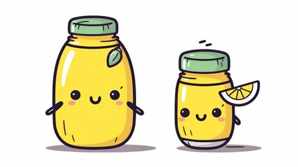 Cute lemon lemonade bottle with lemon on white background