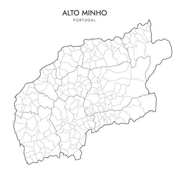 Vector Map of Alto Minho Subregion (Comunidade Intermunicipal) with administrative borders of District, Municipalities (Concelhos) and Civil Parishes (Freguesias) as of 2023 - Portugal