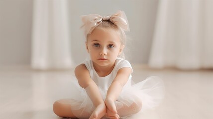 Portrait of a little ballerina stretching - obrazy, fototapety, plakaty