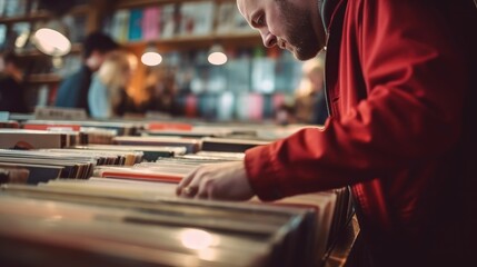 Man choosing vinyl records in store