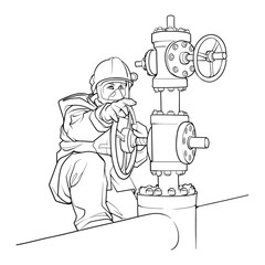 A Firefighter in a fire proximity suit and oxygen mask closes the gas pipeline valve. Black line drawing isolated on white background. EPS10 vector illustration