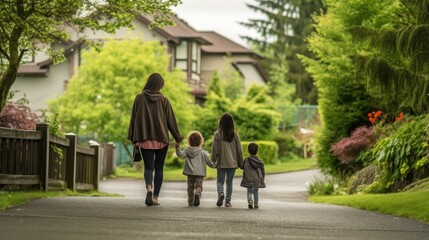 Fototapeta na wymiar Mother and children walking on driveway holding hands