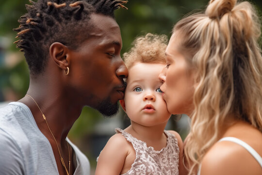 multiethnic couple kissing their child created with Generative AI