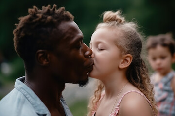 multiethnic man giving a kiss on the cheek to a little girl. Generative AI - obrazy, fototapety, plakaty