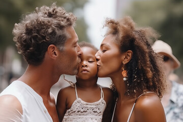 multiethnic couple kissing their child created with Generative AI