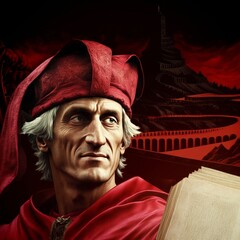 Dante Alighieri Italian poet portrait on a dark red landcape as recollection of his Divine Comedy Inferno.Content made with generative AI not based on real person. Content made with generative AI not 