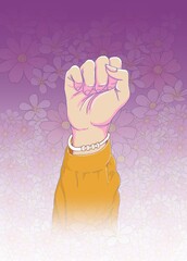 woman's hand on a purple flower background, color illustration