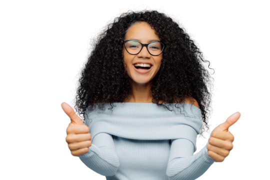 Approving African American woman in glasses and jumper recommends with positive opinion. Isolated on white backdrop
