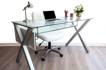Glass top desk, Contemporary table with metal base, office table on white background (Ai generated)