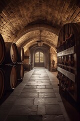 Fototapeta na wymiar illustration, cellar with wine barrels, ai generative.