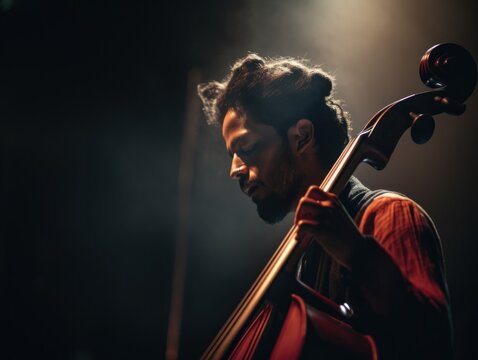 A man playing a cello in a dark room. Generative AI image.