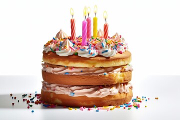 Cake, Happy birthday cake, Sweet bakery on white background (Ai generated)
