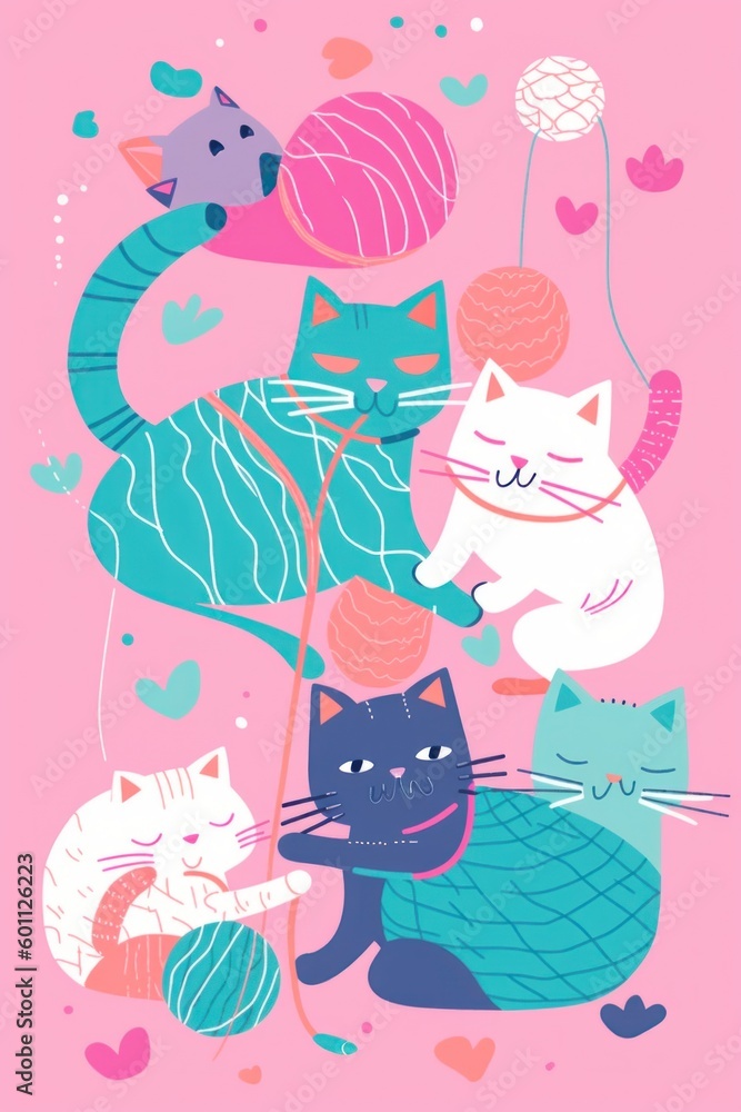 Poster a group of cats playing with a ball of yarn. generative ai image.