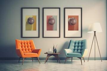 minimal design apartment, a wall with two or three picture frames, a modern living room, colorful furniture