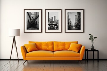 minimal design apartment, a wall with two or three picture frames, a modern living room, colorful furniture