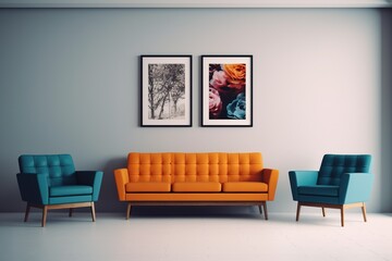 minimal design apartment, a wall with two or three picture frames, a modern living room, colorful furniture