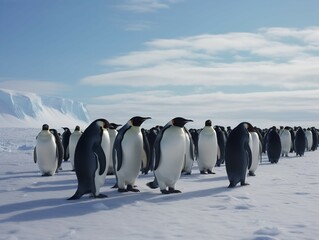 Fototapeta premium Penguin Parade: A Waddling Journey Across the Antarctic Ice