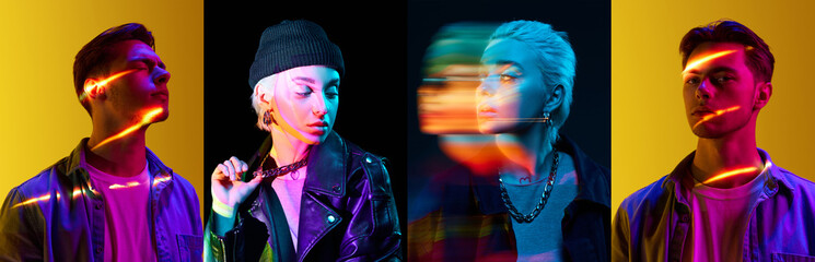 Collage. Portrait of young people, beautiful man and woman with neon light reflection on body over multicolored background. Concept of art, modern style, cyberpunk, futurism and creativity