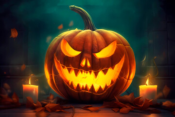 Generative AI illustration of spooky pumpkin with carved face placed near burning candles in darkness representing Halloween concept