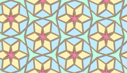 Arabic seamless girih pattern with classic islamic culture ornament. Colorful tiled background with shadow.