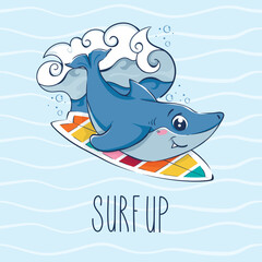 Cartoon funny shark is surfing among the waves. Postcard with the inscription surf up.