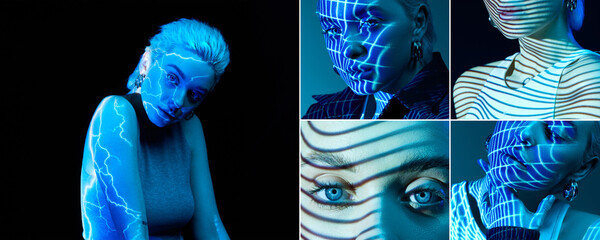 Collage. Abstraction and illusion. Young blonde girl with neon stripes on face posing over dark...
