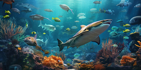 Naklejka na ściany i meble Shark and other fishes in big aquarium, Generative Ai