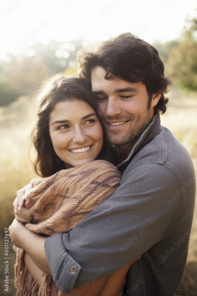 Aufkleber a man and a woman hugging in a field. generative ai image.