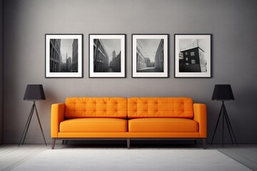 minimal design apartment, a wall with 4-5-6 and more picture frames, a modern living room, colorful furniture