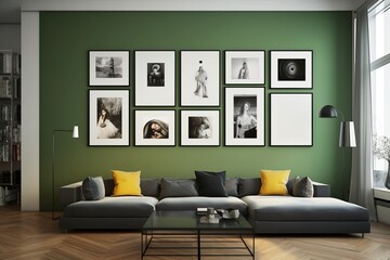 minimal design apartment, a wall with 4-5-6 and more picture frames, a modern living room, colorful furniture