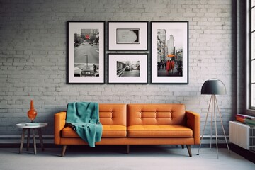 minimal design apartment, a wall with 4-5-6 and more picture frames, a modern living room, colorful furniture