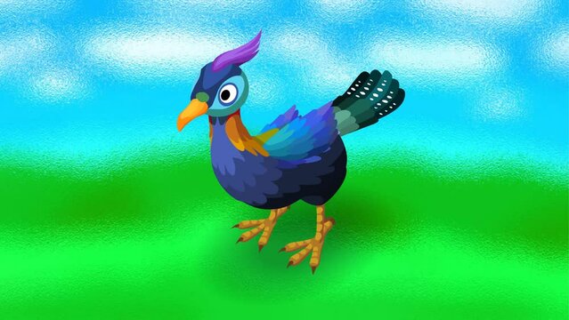 cartoon blue peacock 2d animation and background 4k, beautiful bird