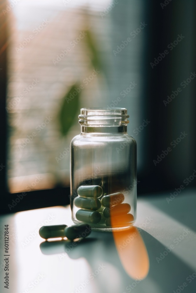 Poster a jar filled with pills sitting on top of a table. generative ai image.
