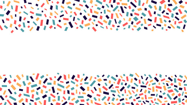 Cute background with colorful confetti. Party doodles vector border. Abstract hand drawn childish shapes on white backdrop with copy space. Festive banner design with colorful sprinkles. Memphis style