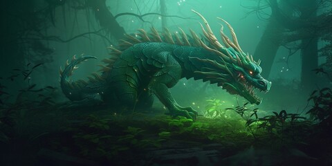 Fototapeta na wymiar Green Wood Dragon, generative ai digital art, Chinese Zodiac