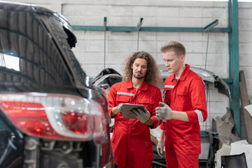 Team car mechanic man in red uniform checking and discussing rear window broken of car at garage auto service. Car repair and maintenance concept.
