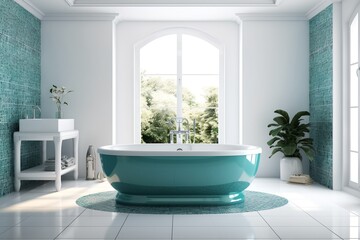 Naklejka na ściany i meble Modern bathroom blue interior, generative ai
