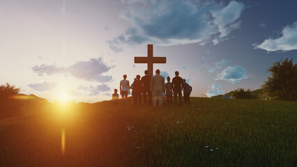 Silhouette family looking for the cross of Jesus Christ on autumn sunrise background. 3d rendering
