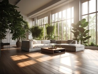 Fototapeta premium Spacious moderl living room interior, generative ai image