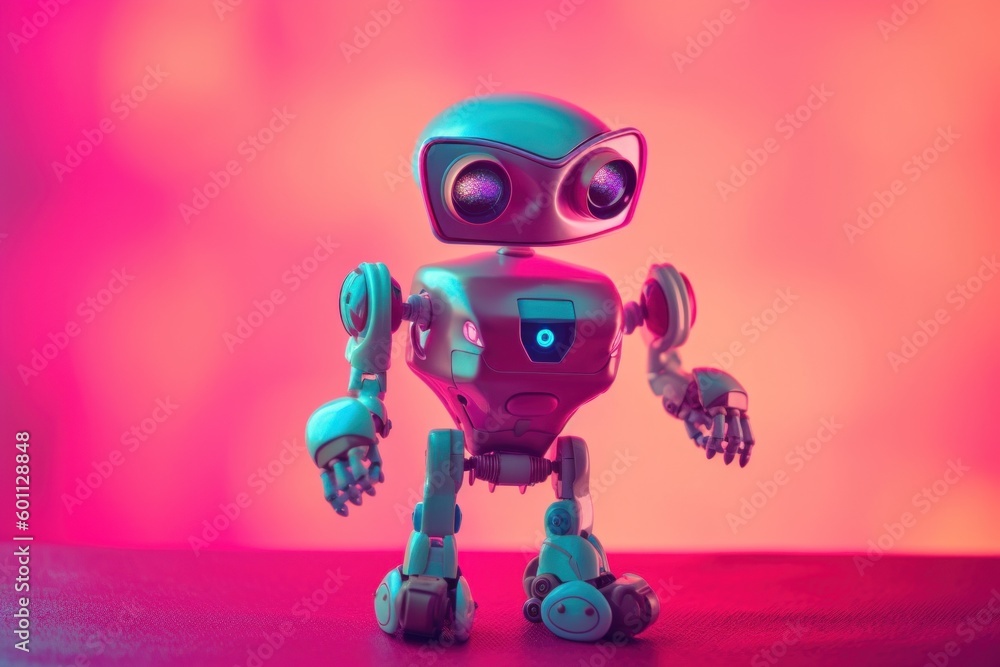 Poster a toy robot standing on a table in front of a pink background. generative ai image.