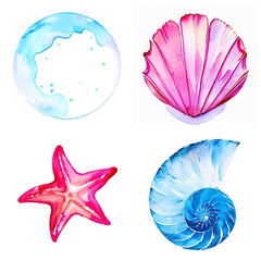 Hand drawn watercolor sea themed elements. Illustration generative ai isolated on white background. Watercolor sea seashells, starfish and bubble clipart.