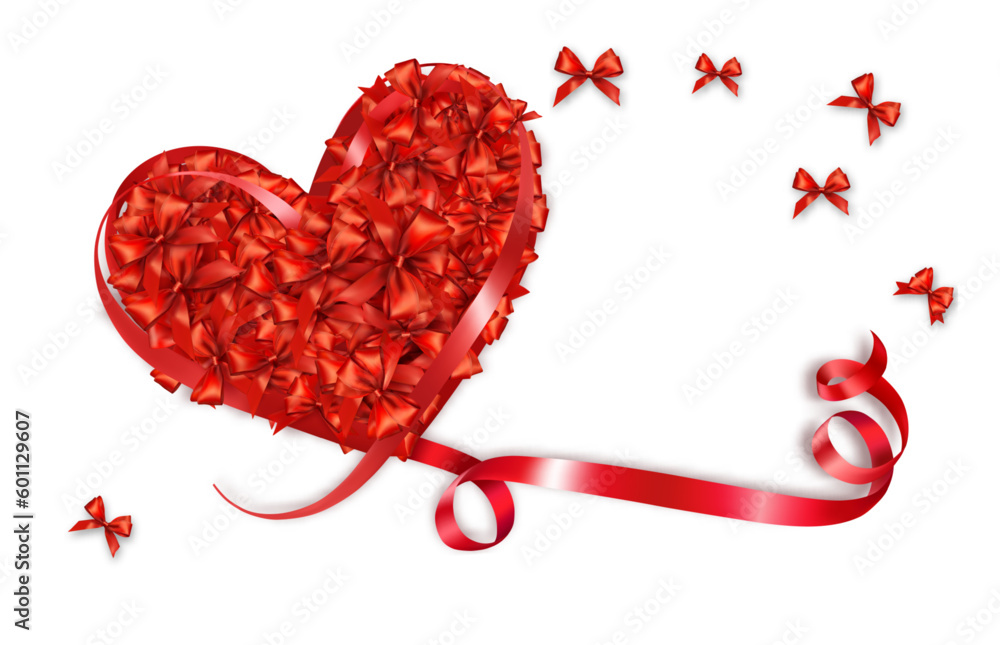 Poster Red bows collected in the shape of a heart and a red ribbon in the shape of a heart. Mother's Day background. Vector illustration
