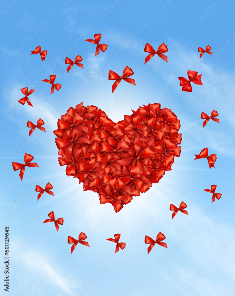 Aufkleber festive card with beautiful red bows folded in the shape of a heart. red bows collected in the shape