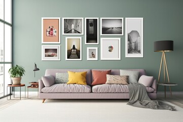 minimal design apartment, a wall with many picture frames, a modern living room, colorful furniture